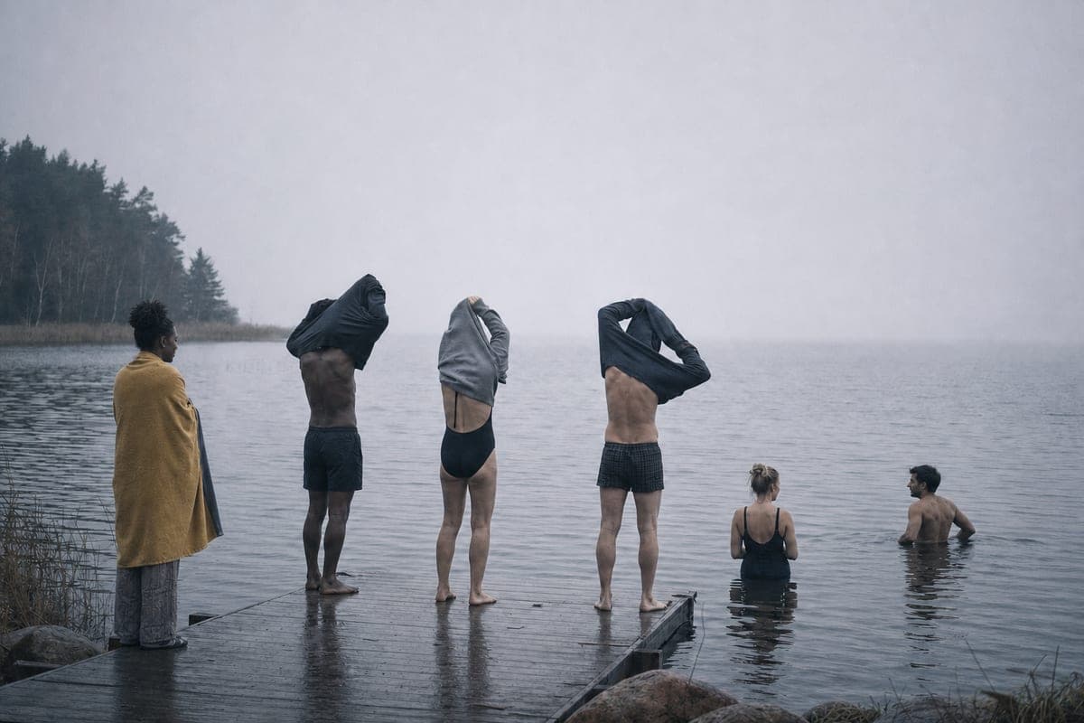 Six people at the edge of a misty lake at dawn — three pulling jumpers over their heads on a jetty, two already in the water, one wrapped in a towel