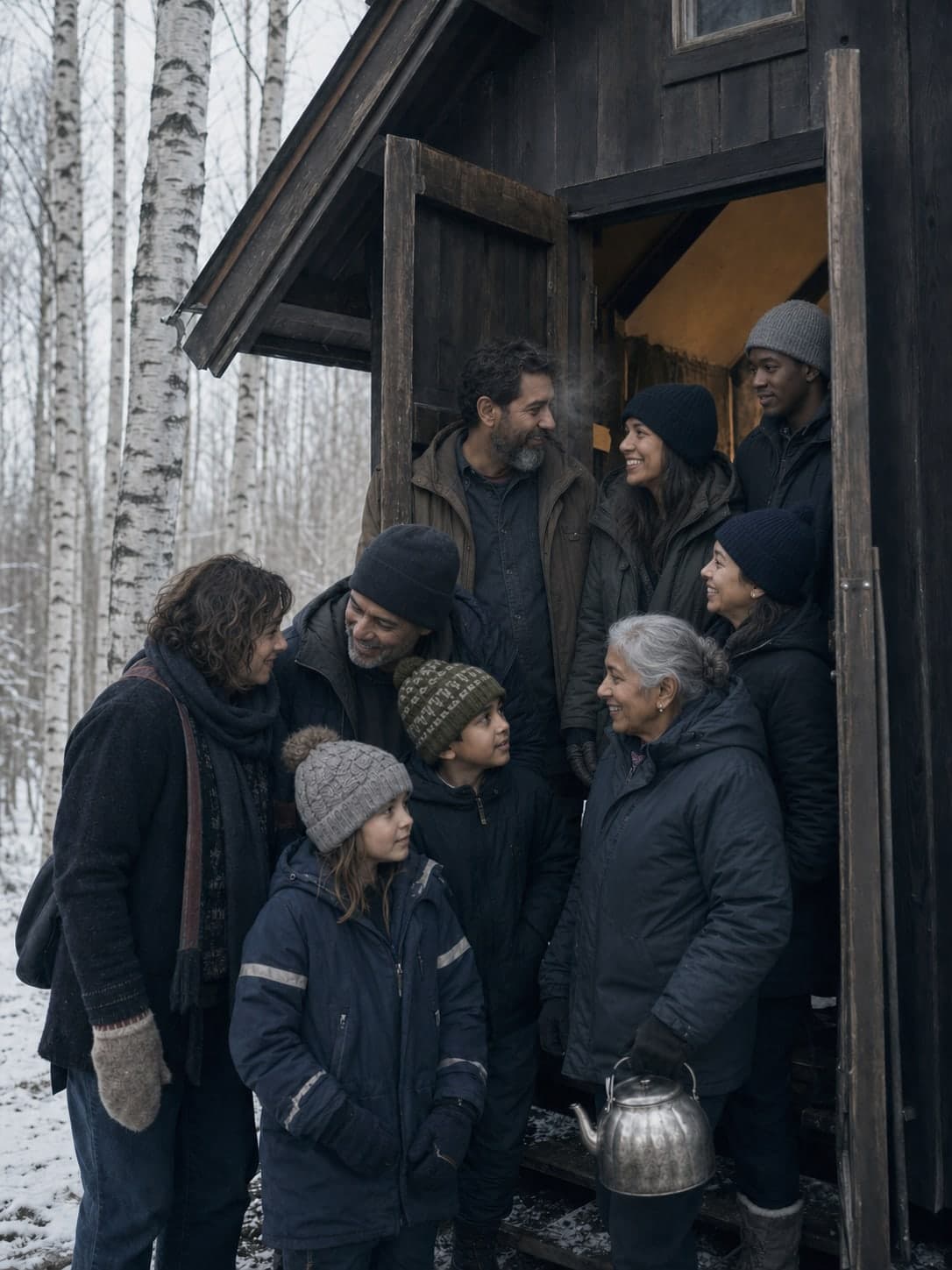A group crowded into the doorway of a wooden cabin in snowy birch woods, in winter coats and hats, one of them holding a kettle