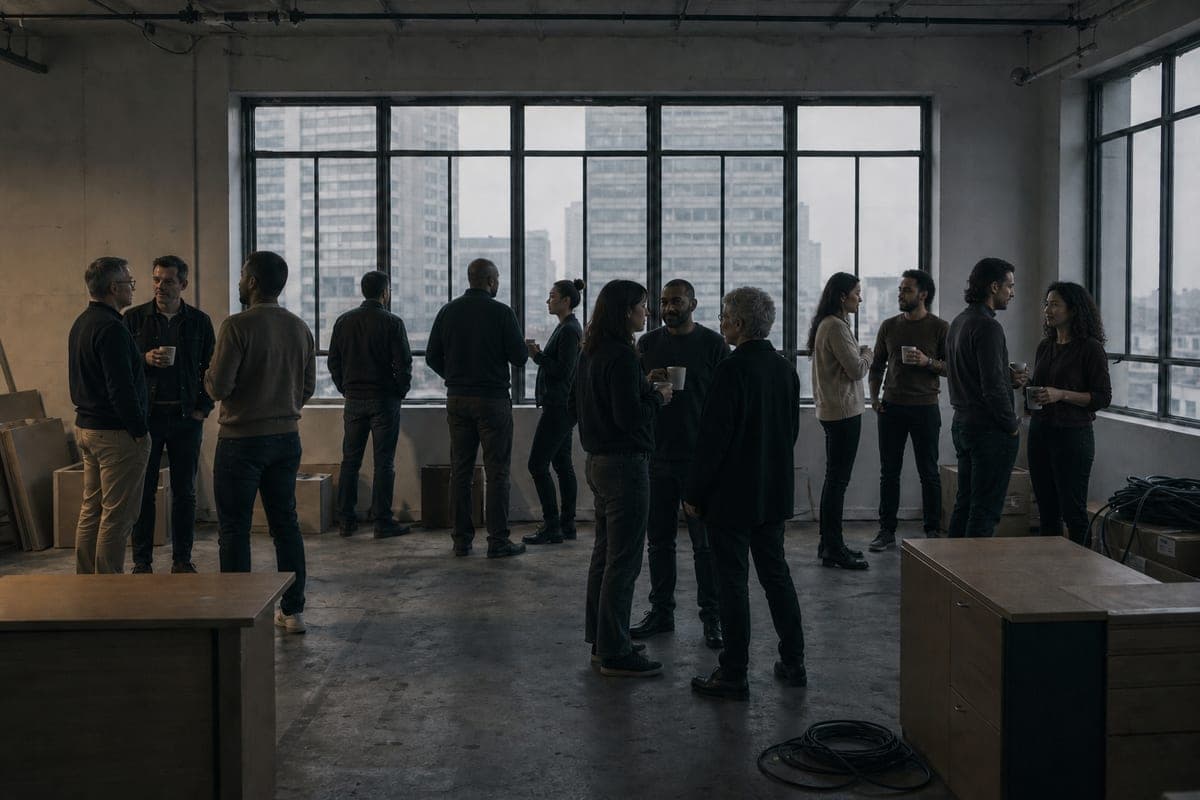 A large group standing in clusters in a half-emptied office at dusk, silhouetted against a wall of tall windows