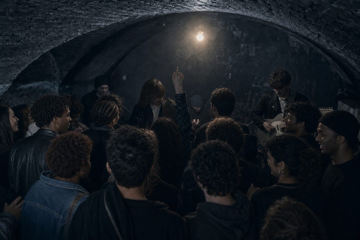 A crowd packed into a low brick-arched cellar venue, lit by a single bulb hanging above the band