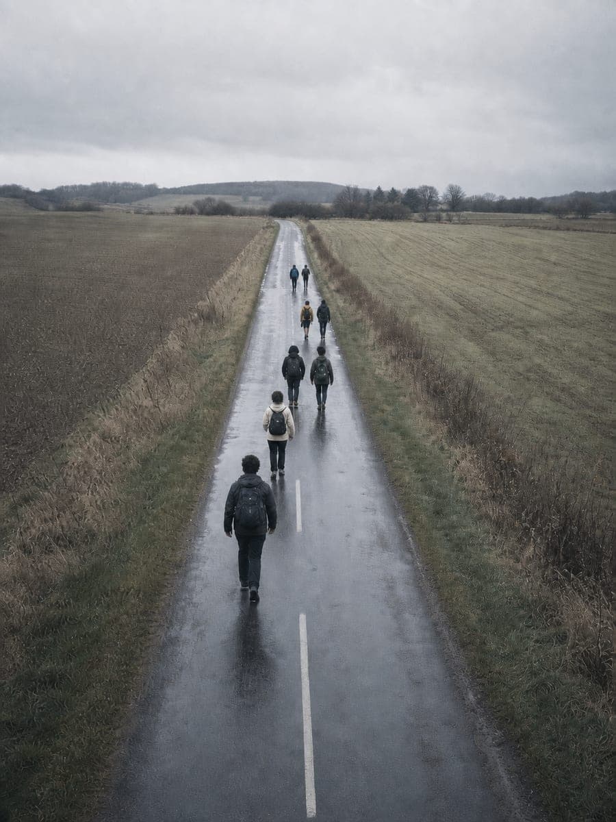 Walkers with backpacks strung out along a wet country road between fields, seen from behind and above