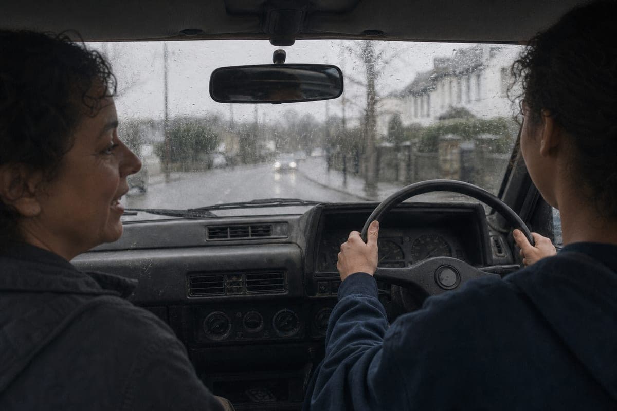The inside of an old car seen from the back seat — a learner's hands on the wheel, a passenger turned to speak, rain on the windscreen